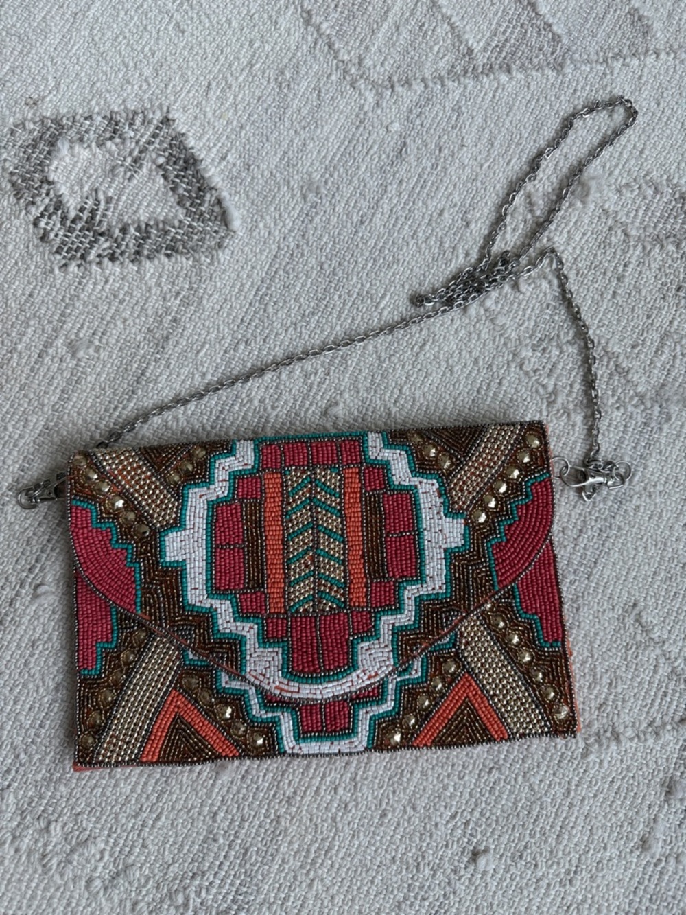 VENUS Beaded Aztec Clutch in Coral Pink, Teal, White & Gold